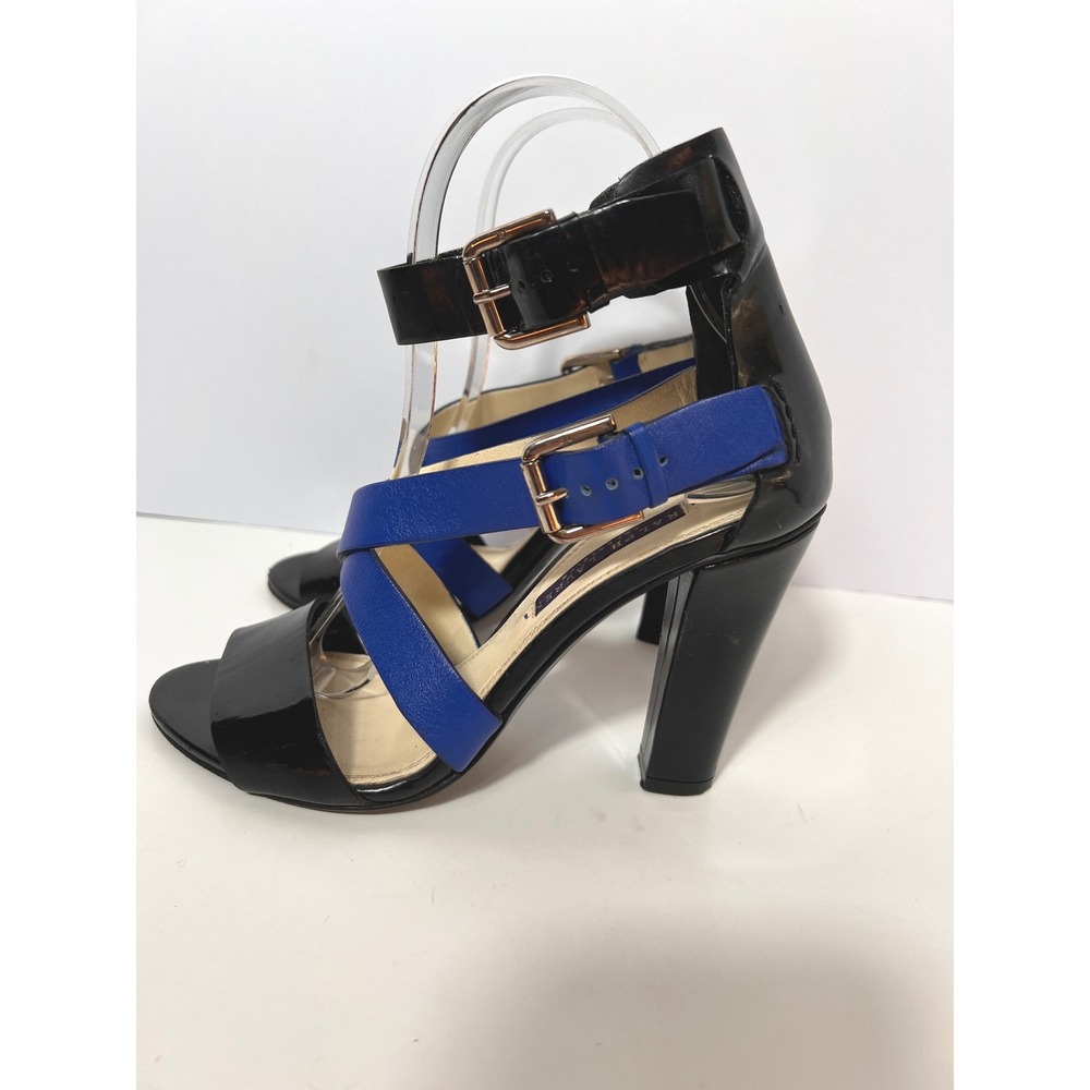 Ralph Lauren Purple Label Kairo Black & Blue Leather Ankle Strap Heels - Women's